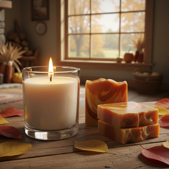 Candle and soap on a wooden surface with autumn leaves and a window in the background