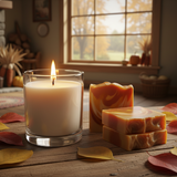 Candle and soap on a wooden surface with autumn leaves and a window in the background