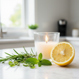 cut lemon on clean white kitchen countertop with Rosemary, green herbs, mint and a lit candle beside it.