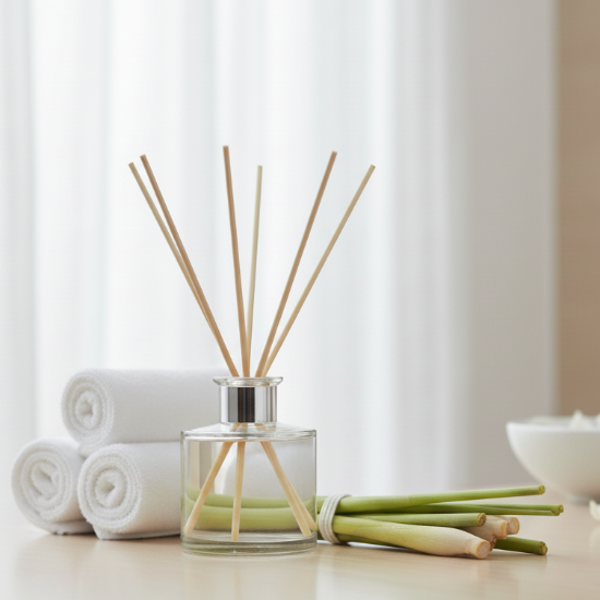 reed diffuser on a wooden surface with lemongrass next to it. clean, bright airy spa setting.