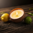 candle made from a split coconut. a lemon and a lime are shown. rustic, weathered wood background