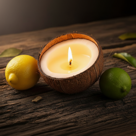 candle made from a split coconut. a lemon and a lime are shown. rustic, weathered wood background