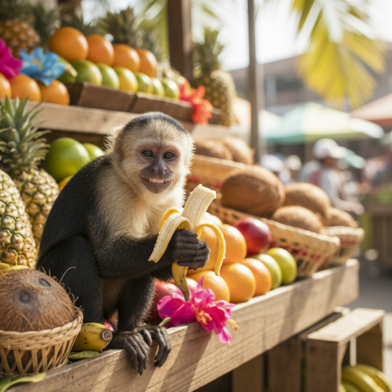 mischevious monkey smiling and holding a banana. He is at a fruit stand that contains Pineapples, Bananas, Oranges, apples and coconuts