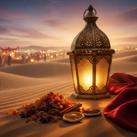 Decorative lantern with sand, spices, and a red cloth in a desert setting