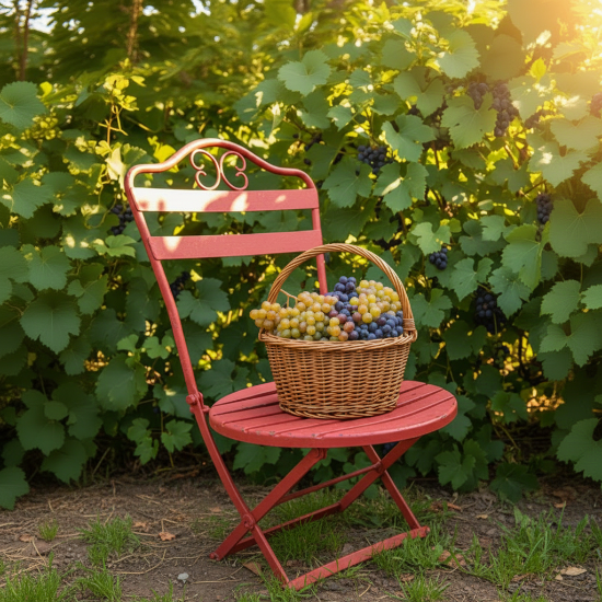 antique bright red metal chair with a basket of muscadines against a green leafy background of muscadine vines on a sunny southern summer afternoon