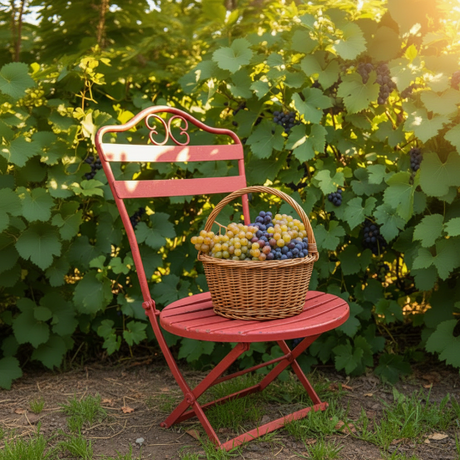 antique bright red metal chair with a basket of muscadines against a green leafy background of muscadine vines on a sunny southern summer afternoon