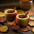 apples cut in half like they are being used as a cup filled with visible cider with cinnamon sticks and star anise as garnishments on a dark textured surface.