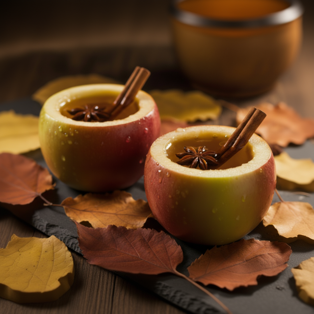 apples cut in half like they are being used as a cup filled with visible cider with cinnamon sticks and star anise as garnishments on a dark textured surface.