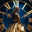 girl in gold ball grown in front of clock