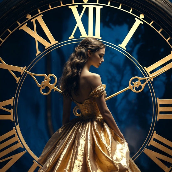 girl in gold ball grown in front of clock
