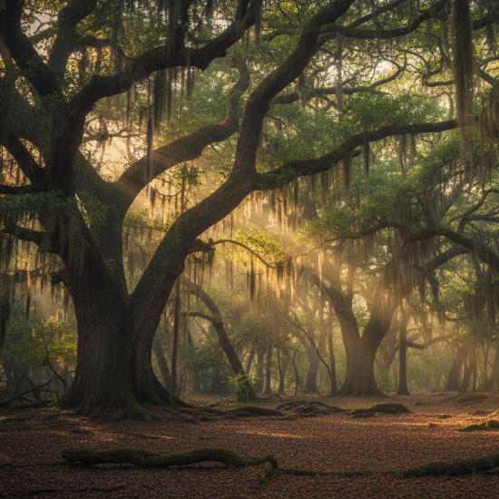 old forest in the deep south, where sunlight filters through the trees that are filled with Spanish moss