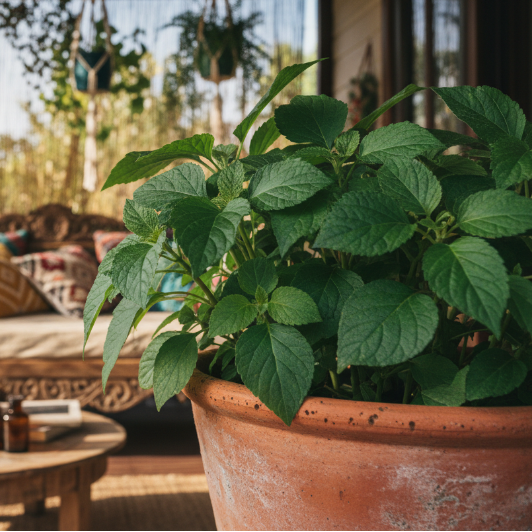 pot of patchouli on a bohemian porch. focus on the patchouli pot