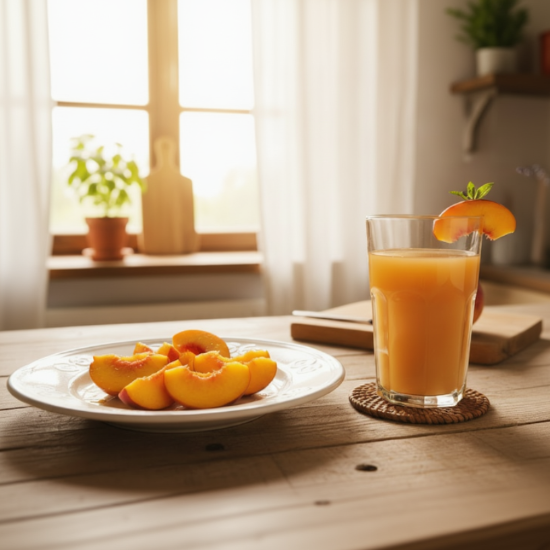 peach slices and a glass of peach nectar on a table in a kitchen