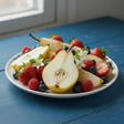  juicy sweet pears and ripe berries on a white plate. weathered blue wooden tabletop. 
