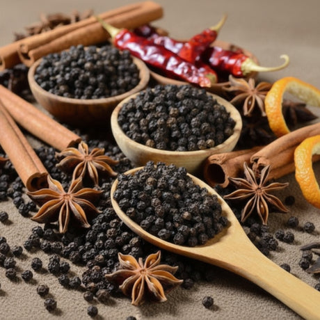 Black peppercorns in wooden bowls and on a spoon with cinnamon sticks, star anise, and red peppers on a wooden surface.