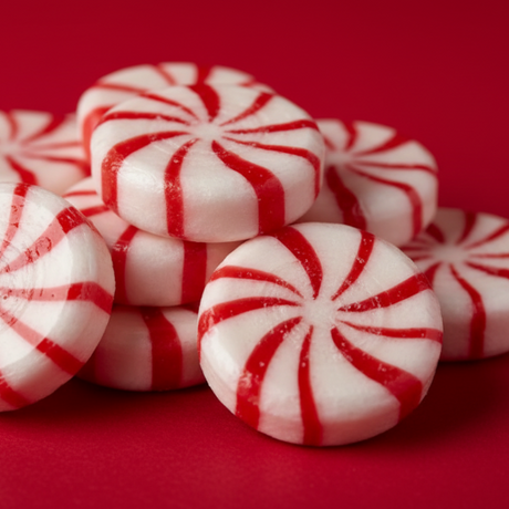 Red and white striped candies on a red background