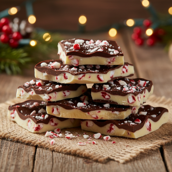 pieces of peppermint bark stacked. broken bits of peppermint candy on top. on a piece of burlap on a table top in a holiday setting.