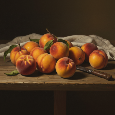11 ripe peaches freshly picked. some on them still have a leaf or two. a kitchen towel in the background and paring knife to the side. weathered wood background.