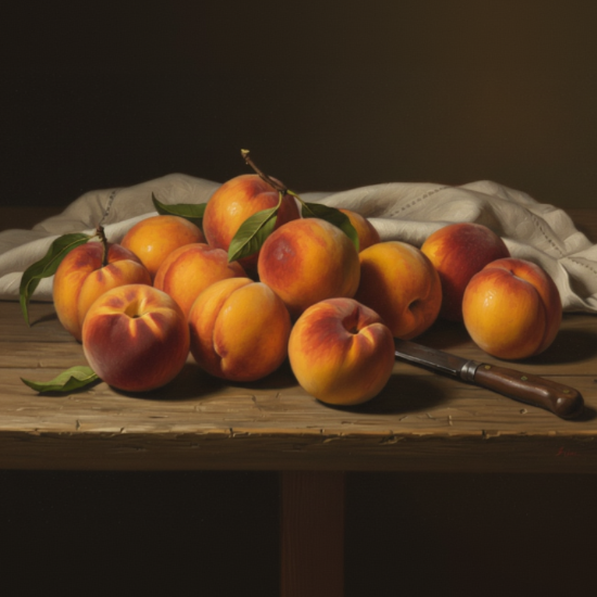 11 ripe peaches freshly picked. some on them still have a leaf or two. a kitchen towel in the background and paring knife to the side. weathered wood background.