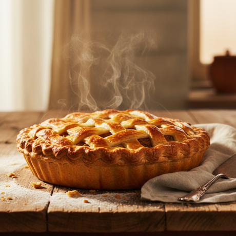 warm pie crust. golden brown. just a pie, completely covered with crust. background a table dusted with flour.