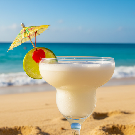 a pina colada in a Poco Grande glass garnished with a lime wedge and cherry. a umbrella too. outside, at the beach. bright and sunny. colorful and vibrant