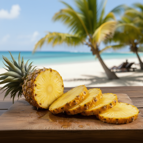 juicy, ripe, deep yellow, mouthwatering pineapple being sliced on a cutting board at a tropical beach bar
