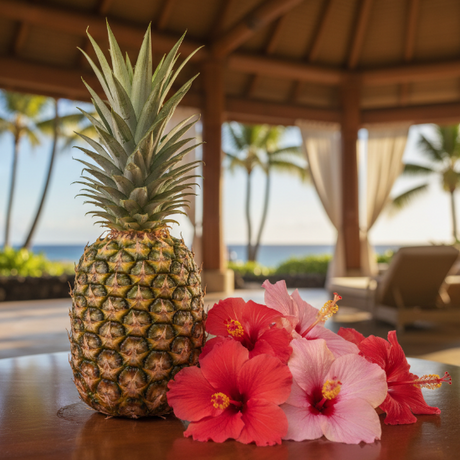 a whole pineapple and hibiscus flowers in a open-air lobby of a hawaiian resort. focus is on the pineapple and flowers