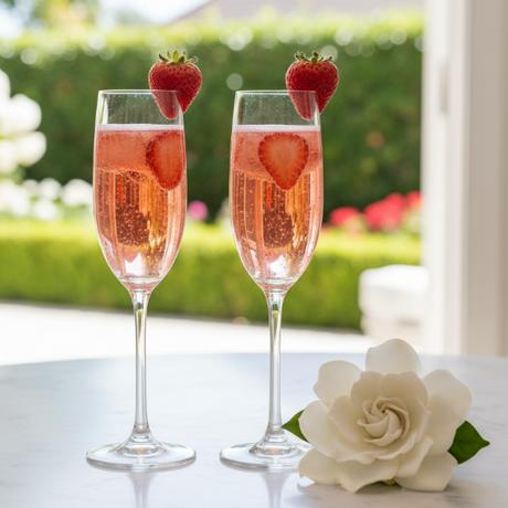 two pink strawberry mimosas