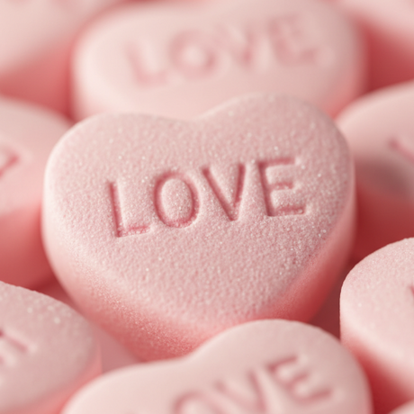 close up of pink conversation hearts that say love
