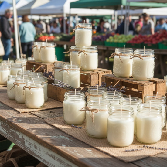place candles in mason jars on a wooden table outside in a farmer's market setting. 