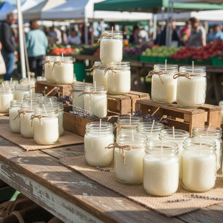 place candles in mason jars on a wooden table outside in a farmer's market setting. 