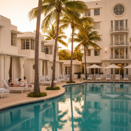 Pool area with lounge chairs, palm trees, and a building in the background