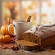 Pumpkin bread with a slice cut, next to a mug of coffee and pumpkins on a wooden table with autumn leaves.