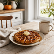 Waffle with butter on a plate next to a mug of coffee on a wooden table.