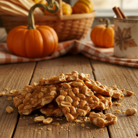 Peanut brittle on a wooden table with pumpkins and a basket in the background