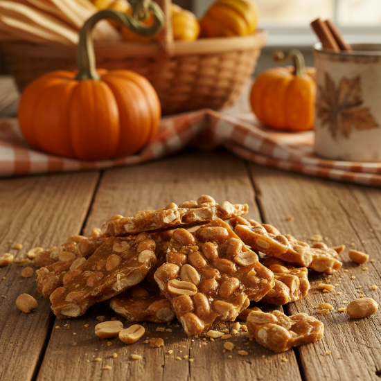 Peanut brittle on a wooden table with pumpkins and a basket in the background