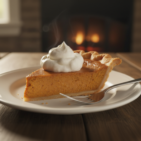 slice of pumpkin pie with cool whip on a table by a fireplace