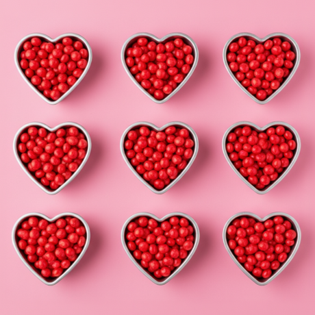 cinnamon red hots arranged to form solid hearts on a pink background. vibrant colors