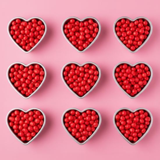 cinnamon red hots arranged to form solid hearts on a pink background. vibrant colors