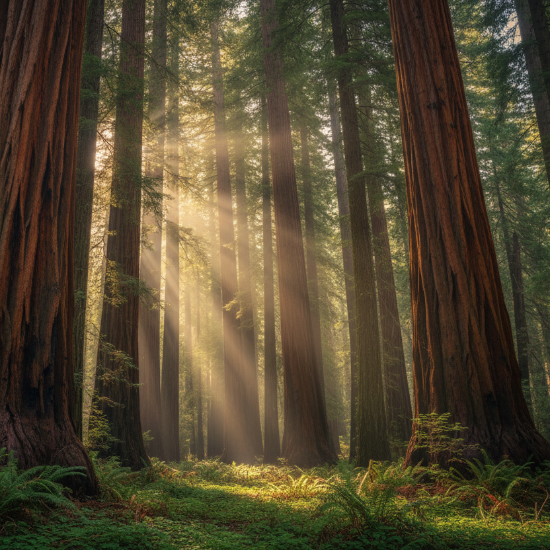 Sunlight filtering through tall trees in a forest