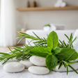 rosemary and mint in a spa setting. bright and uplifting. close crop. vibrant colors