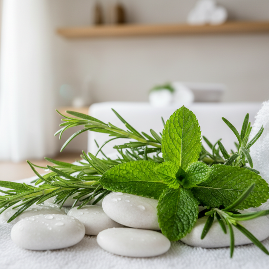 rosemary and mint in a spa setting. bright and uplifting. close crop. vibrant colors