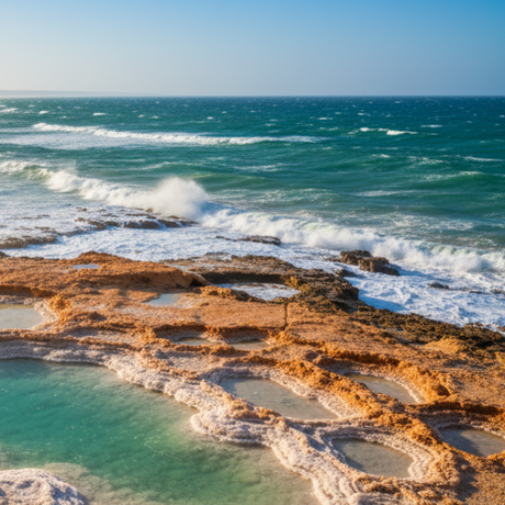 mineral buildup with turquoise water on a rocky coastline.