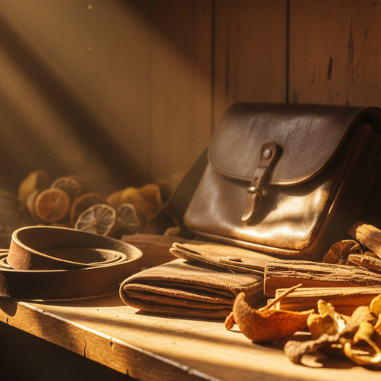 Vintage leather bag and belt on a wooden surface with dried oranges and sandalwood, warm lighting.