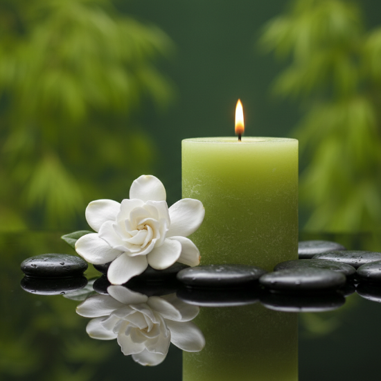 a green tea candle with a gardenia flower next to it. black river stones. a black water reflective background with a blurred green background matching the color of the candle. calming. 