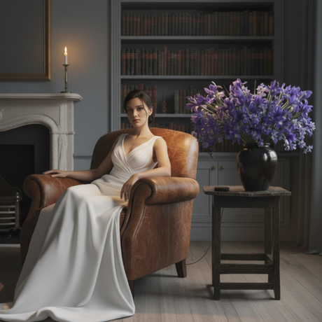 Woman in a white dress sitting in a brown leather armchair in a room with a fireplace and bookshelf.