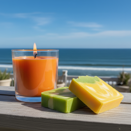 Candle and two soap bars on a wooden surface with a beach background