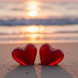 two heart shaped red candies standing up in the sand on a beach. romantic. close up. shallow depth of field. 
