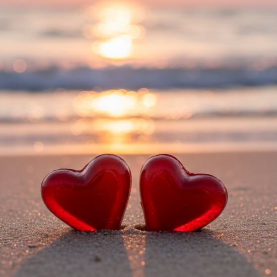 two heart shaped red candies standing up in the sand on a beach. romantic. close up. shallow depth of field. 