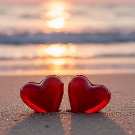 two heart shaped red candies standing up in the sand on a beach. romantic. close up. shallow depth of field. 